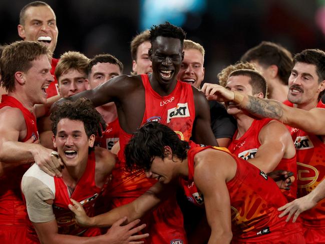 Mac Andrew celebrates kicking his final siren goal against Essendon. Picture: Jonathan DiMaggio/Getty Images.