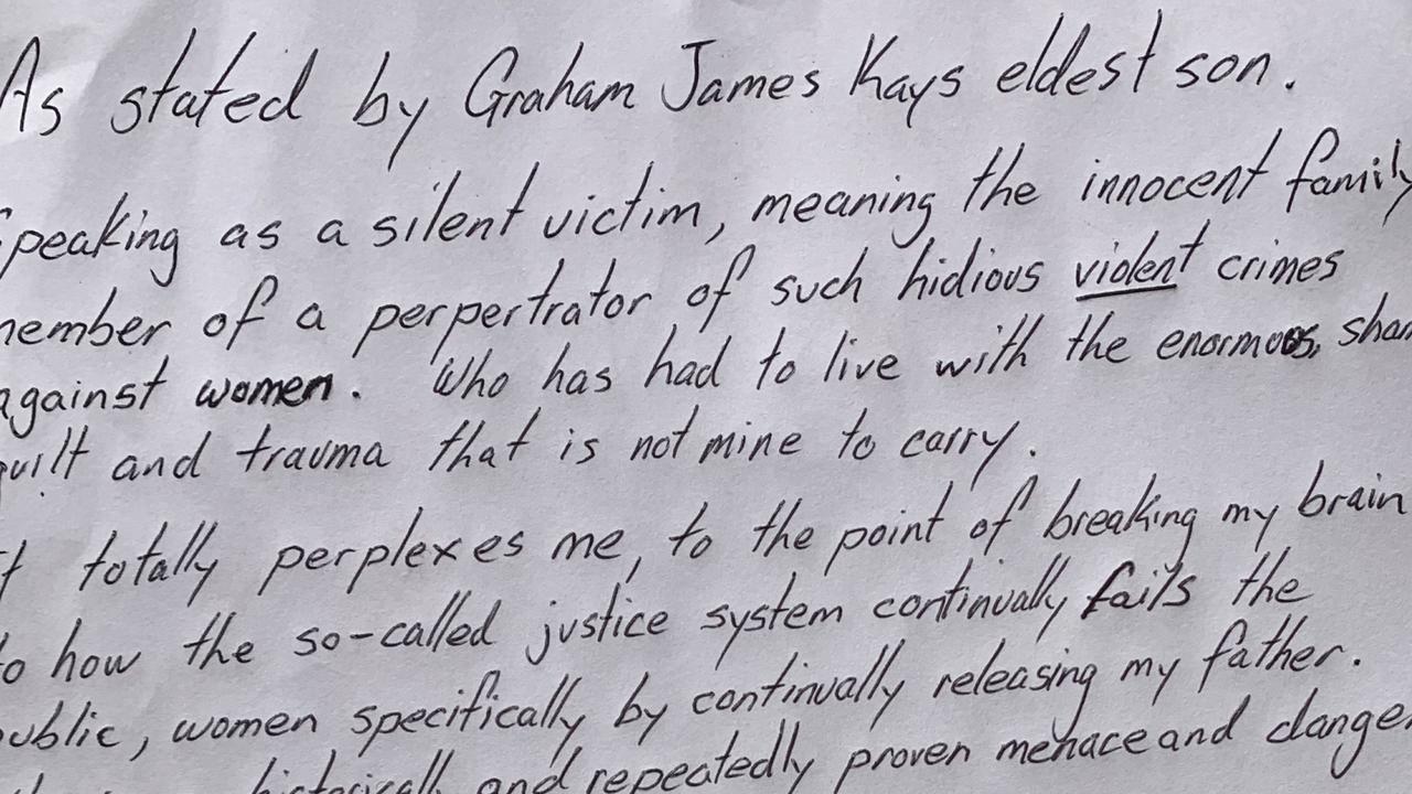 North Shore Rapist Graham Kay’s son has written a letter to the DPP urging him not to be released.