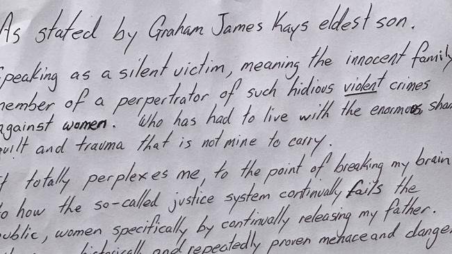 North Shore Rapist Graham Kay’s son has written a letter to the DPP urging him not to be released.