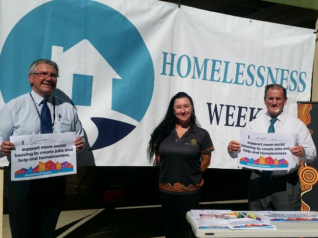 Clarence Valley Mayor Jim Simmons (right) and council general manager Ashley Lindsay (left) joined Momentum Collective community support manager Nicole Secomb during Homelessness Week (August 3-8), to discuss solutions to the growing issue of homelessness in our region.