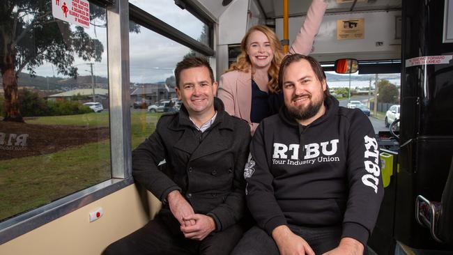 Tasmanian Labor leader Dean Winter on a Metro bus with Byron Cubit of the RTBU and Labor transport spokeswoman Meg Brown. Picture: Linda Higginson