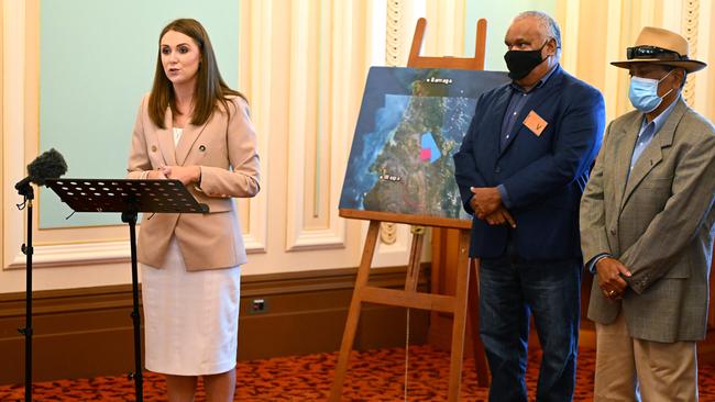 Queensland Environment Minister Meaghan Scanlon, joined by Gerhardt Pearson, the Executive Director of Balkanu Cape York Development Corporation (centre) and Cape York land council chairman Richard Ahmat, announces a land acquisition by the government in Far North Queensland on February 24 this year. Picture: NCA NewsWire / Dan Peled