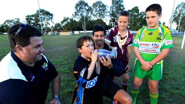 Pictured at the Burleigh Bears Junior Rugby League Club, L-R Helensvale Hornets Coach Wayne Court , Xavier Sampson 7 of Robina Raptors JRLC , Ty Chapman of Gold Coast Rugby League ,Isaac Hawkins of Burleigh Bears JRLC and Bailey Court of Helensvale Hornets JRLC .