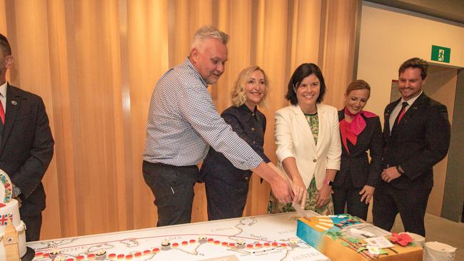 Airport Depot CEP Tom Ganley, NT Administrator Vicki O'Halloran AO, Tourism Minister Natasha Fyles at the launch of the Qantas’s Darwin to London leg at Darwin International Airport in November 2021. Picture: Glenn Campbell