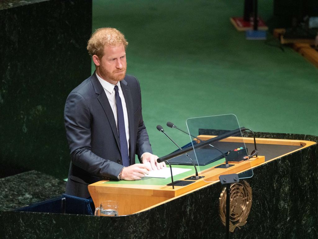 Prince Harry begins his speech to the UN. Picture: AFP