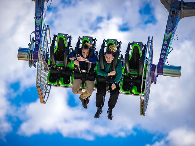 New ride at the Ekka.Courier Mail journalists Andreas Nicola and Taylah Fellows tries out The Joker ride which is a new ride to feature at this years Ekka.Picture: Nigel Hallett