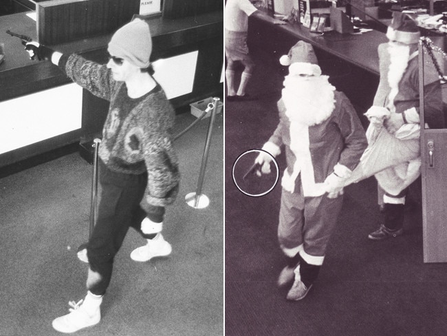 Left, a bandit with a pistol, an ugly jumper and a beanie robs a Newport bank in 1987. Right, armed Santa bandits fill their sacks at a Melbourne bank in 1982.