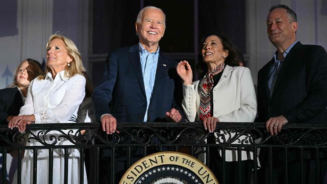 US President Joe Biden, First Lady Jill Biden, their grandson Beau Biden, US Vice President Kamala Harris and US Second Gentleman Doug Emhoff watch the Independence Day fireworks display on July 4, 2024. Picture: AFP