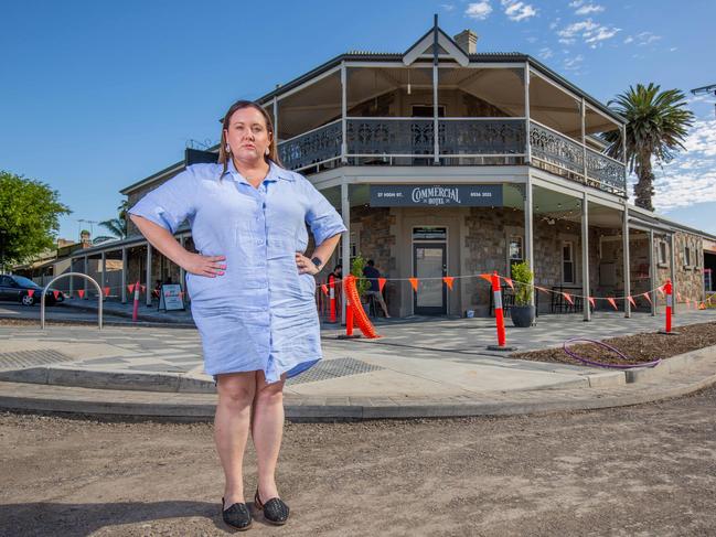 Stacey Phelan, outside her Commercial Hotel at Strathalbyn. Her insurance cover has almost tripled. Picture: Ben Clark