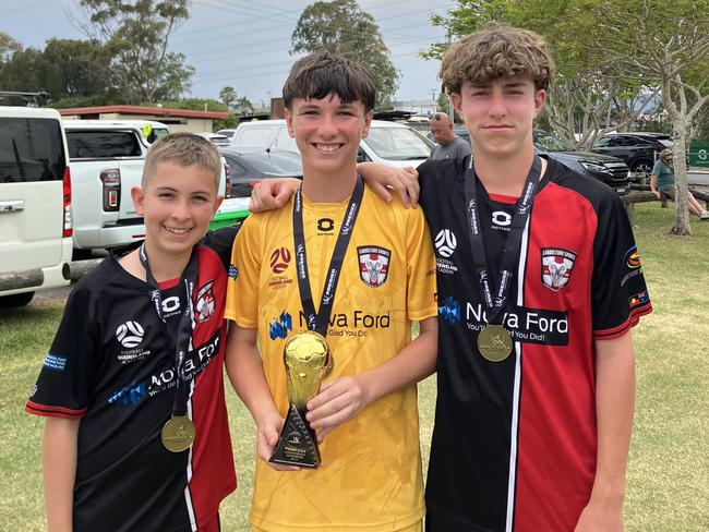 Premier Invitational football 2024. Pictured: Jackson Johns, Preston Jackson and Jensen Smith Caboolture under 14