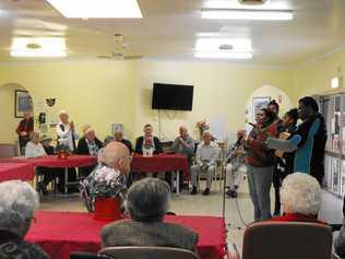 Arise Shine Fellowship Singers Gilly, Leanne and Moeisha Davis and Chloe Caldwell entertain residents of St Michael's Hostel, South Casino. Picture: Janelle McLennan