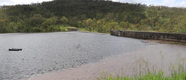 The water at the spill level at the Mount Morgan dam on January 7 2024.