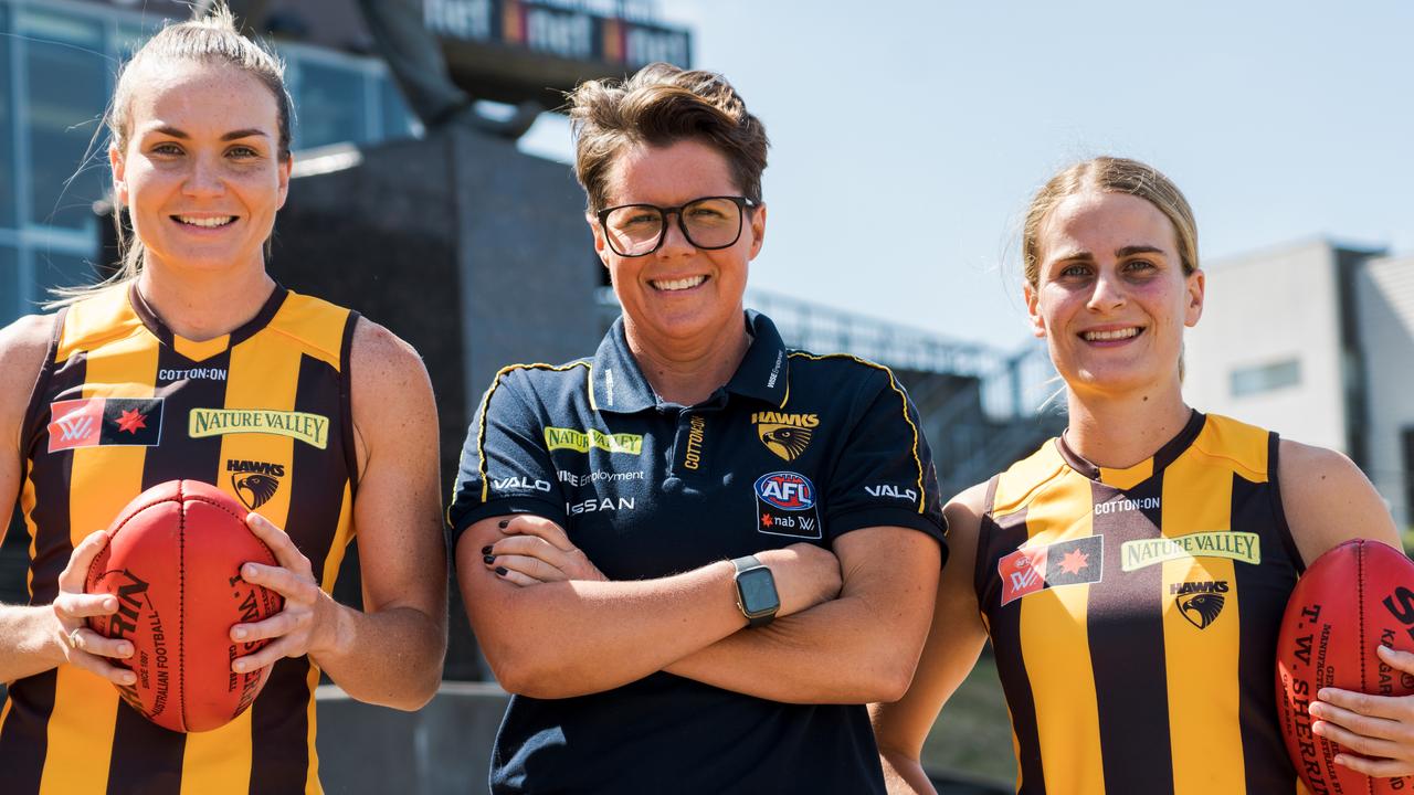 Bec Goddard has called for more AFLW stars to move from the competition’s strongest clubs, after the Hawks poached Emily Bates (left) and Greta Bodey (right) from Brisbane. Picture: Supplied