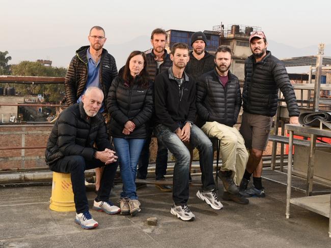 South Australians stuck in Nepal as a result of the coronavirus lockdown. Pictured is Tony Symons, Paul Ashenden, Jody Hutton, Ryan Cox, Brook Hutton, Jonathon Creasey, Anthony Keane and Brad Fleet. Pictured on top of Kathmandu Guest House. Picture: Brad Fleet