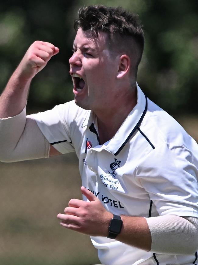 VSDCA: Yarraville’s JE Koch celebrates a wicket. Picture: Andy Brownbill