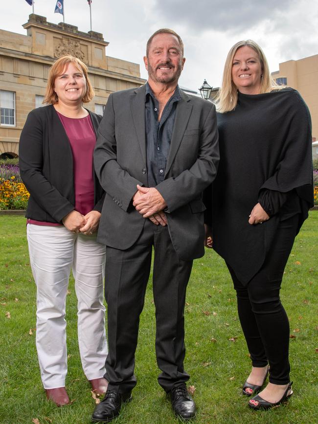 Newly elected members of the Jacqui Lambie Network, from left, Miriam Beswick, Andrew Jenner, and Rebekah Pentland at Parliament Lawns on Monday, April 8, 2024. Picture: Linda Higginson