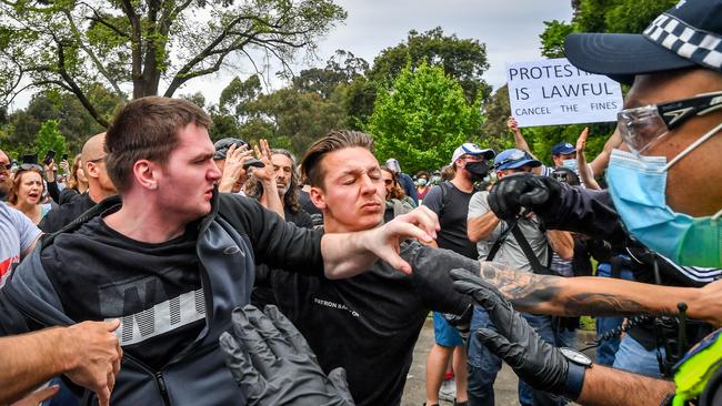 Police were very disappointed with the behaviour of protesters. Picture: Jake Nowakowski