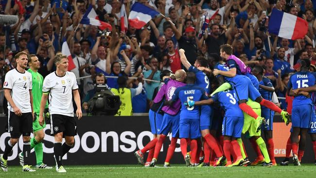 France's players celebrate after their second goal.