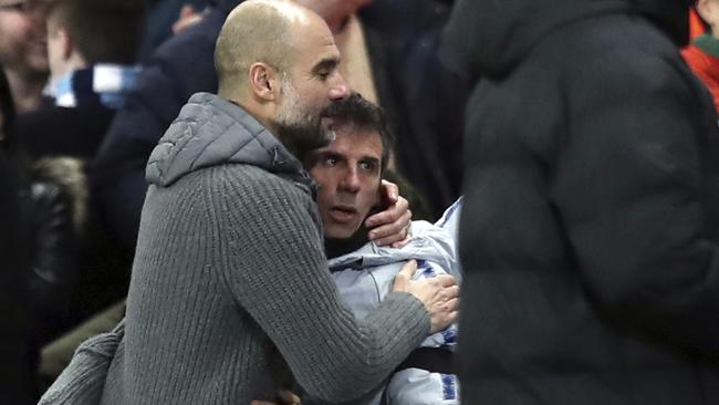 Zola with Manchester City manager Pep Guardiola. (AP Photo/Jon Super)