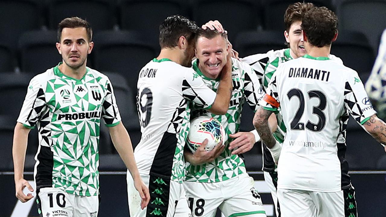 Besart Berisha celebrates a goal during Western United’s crucial win over Perth Glory.