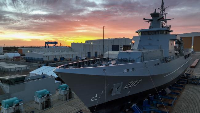 The first Arafura-class offshore patrol vessel, NUSHIP Arafura, at Osborne Naval Shipyard in South Australia.