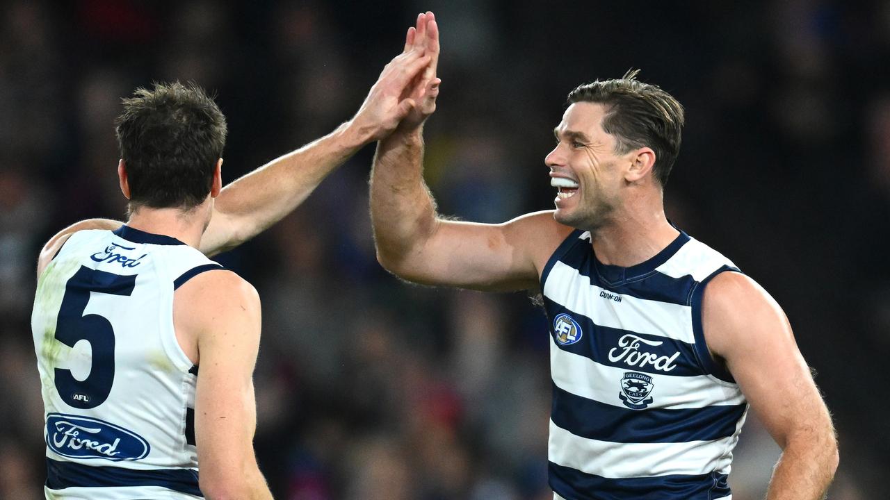 Jeremy Cameron and Tom Hawkins both won’t play against the Bulldogs. Picture: Quinn Rooney/Getty Images.