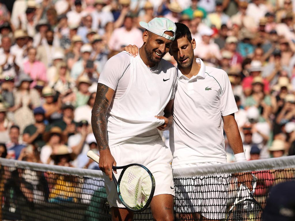 Nick Kyrgios and Novak Djokovic after their match at Wimbledon in 2022. Picture: Getty Images