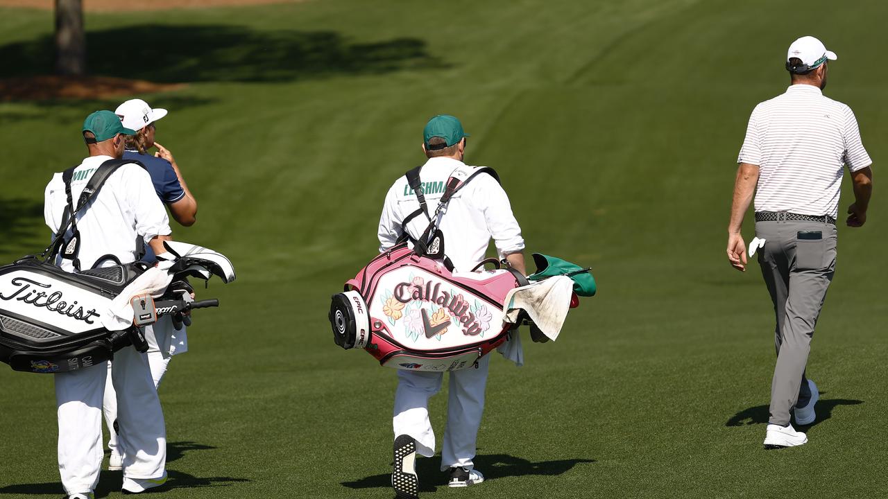 Cameron Smith and Marc Leishman on the third hole during a practice round before the Masters. Picture: Jared C. Tilton/Getty Images