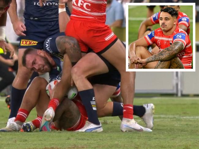 The biggest call of the match also ended Jayden Sullivan's night. Photo: Getty Images and Fox Sports