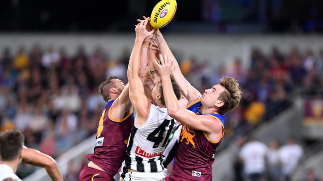 Brody Mihocek was dominant up forward for Collingwood with four goals. Picture: Bradley Kanaris/AFL Photos/Getty Images. 