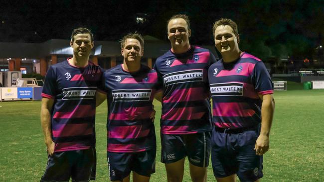 Club rugby is back this Saturday at Brothers. L to R: Paddy James, Noah Nielsen (Brothers captain), Will Wilson and Dom Fraser, the hooker who landed the match winning try in last year's grand final against Wests.