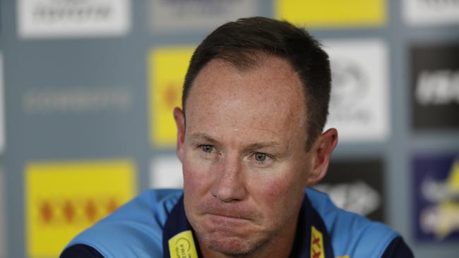 Gold Coast Titans coach Justin Holbrook speaks at a press conference after the Round 3 NRL match between the North Queensland Cowboys and the Gold Coast Titans at Queensland Country Bank Stadium in Townsville, Friday, May 29, 2020. (AAP Image/Cameron Laird) NO ARCHIVING, EDITORIAL USE ONLY