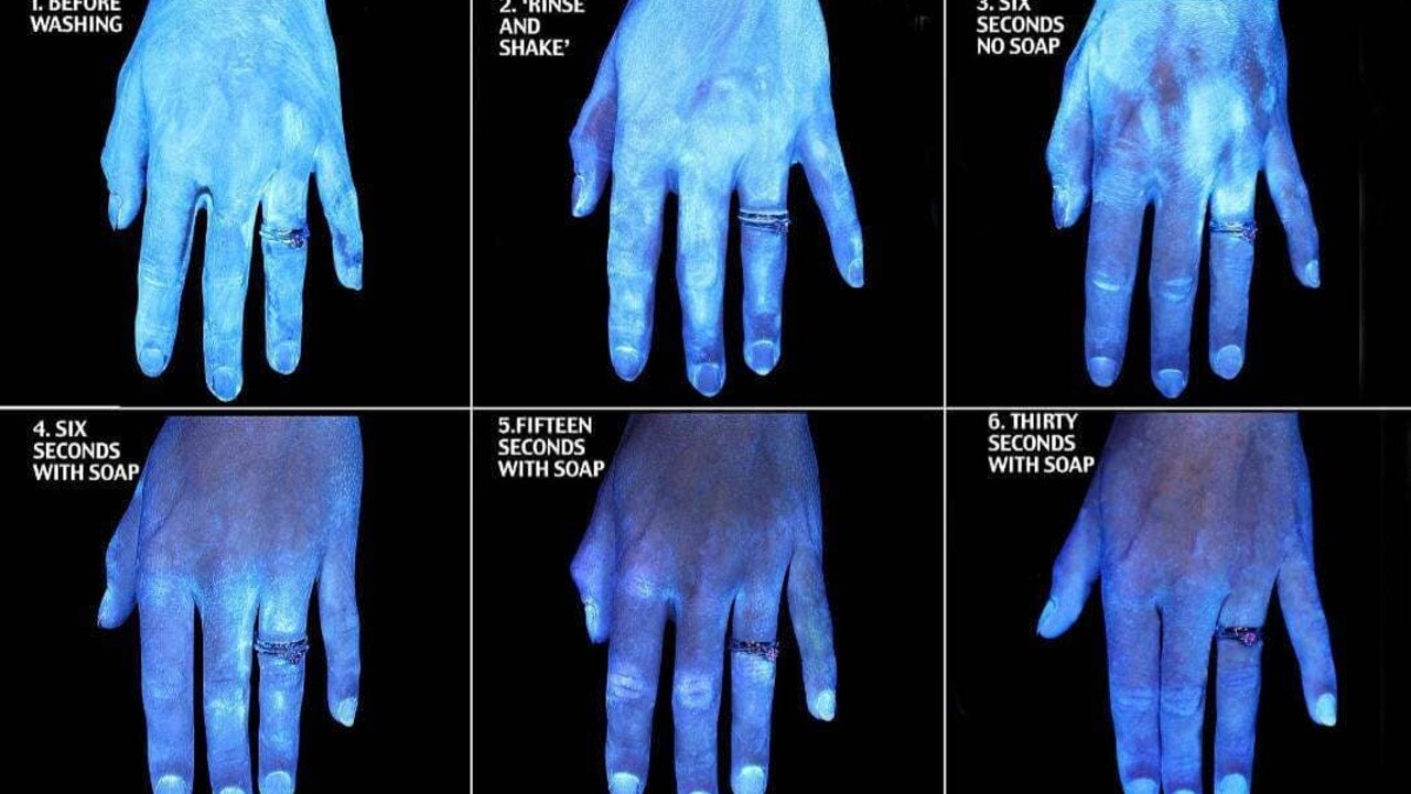 This series of photos taken under UV light show hands which haven’t been washed versus those washed for 30 seconds. Picture: Instagram/Kristen Bell