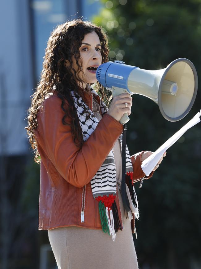 Randa Abdel-Fattah speaking at a pro-Palestine protest at Macquarie University in Sydney. Picture: Richard Dobson