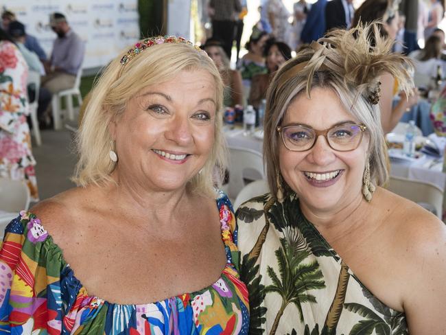 Larissa Hetherington (left) and Santina Howard at Warwick Cup race day at Allman Park Racecourse, Saturday, October 14, 2023. Picture: Kevin Farmer