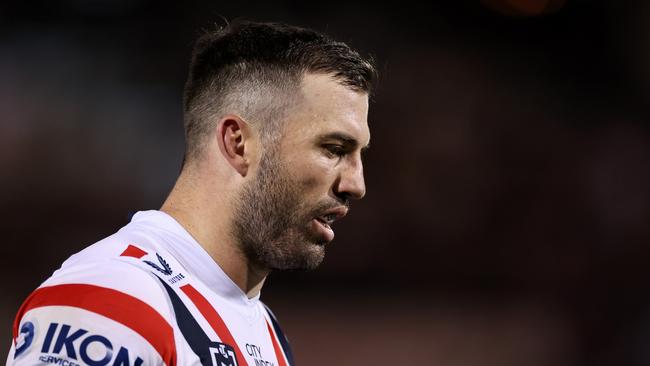 PENRITH, AUSTRALIA - SEPTEMBER 13: James Tedesco of the Roosters looks on during the NRL Qualifying Final match between Penrith Panthers and Sydney Roosters at BlueBet Stadium on September 13, 2024 in Penrith, Australia. (Photo by Cameron Spencer/Getty Images)