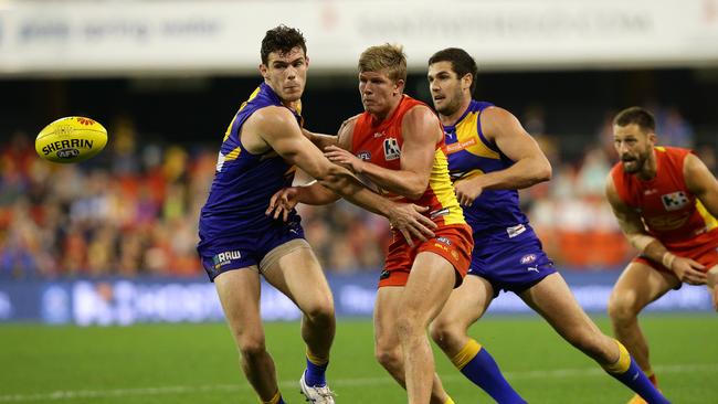 Josh Glenn playing for Gold Coast against West Coast in 2015. Picture: Adam Head.