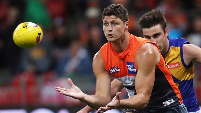 Giants Jonathon Patton takes mark during AFL Semi Final match between the GWS Giants and West Coast Eagles at Spotless Stadium. Picture. Phil Hillyard