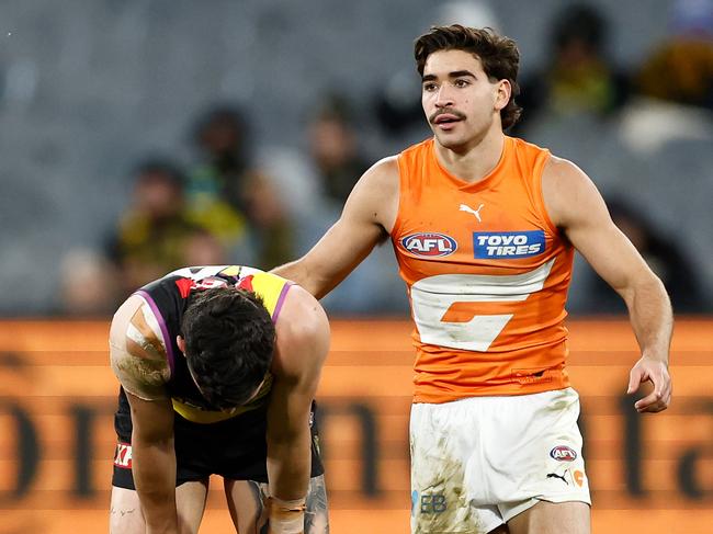 Toby Bedford with Tim Taranto. Picture: Michael Willson/AFL Photos via Getty Images