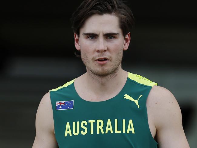 SUVA, FIJI  June 4, 2024.  Oceania Athletics Championships at HFC Bank Stadium, Suva.  Mens 100 mtr heats.  Australian sprinter Rohan Browning before his heat    . Pic: Michael Klein