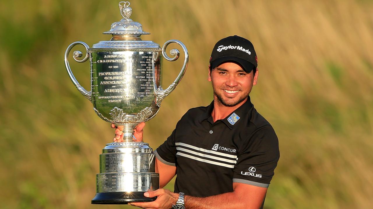 Day proudly holds the Wanamaker Trophy after winning the 2015 PGA Championship. Picture: David Cannon/Getty Images