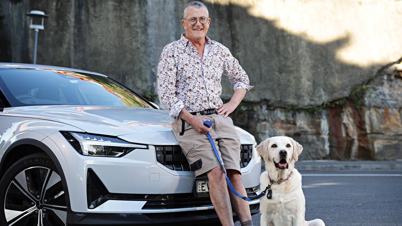 Ian Murray-Jones with Louie and his Polestar 2 at Pyrmont. Picture: Adam Yip.