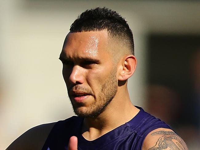 PERTH, AUSTRALIA - AUGUST 20: Harley Bennell of the Dockers celebrates a goal during the round 22 AFL match between the Fremantle Dockers and the Richmond Tigers at Domain Stadium on August 20, 2017 in Perth, Australia.  (Photo by Paul Kane/Getty Images)