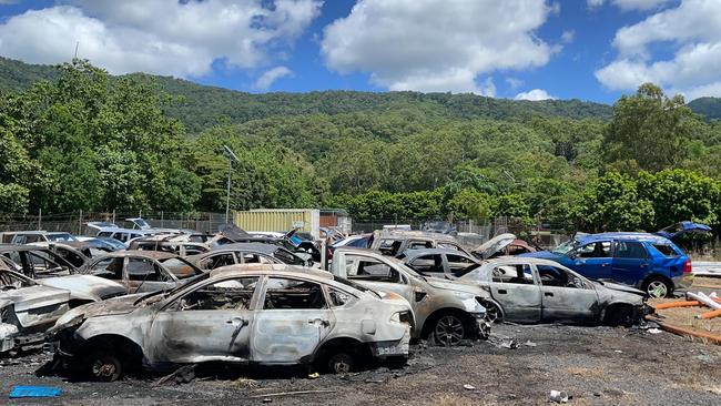 A fire at the Smithfield RoadTek depot destroyed at least 12 vehicles on March 22, closing the nearby Kennedy Hwy for more than an hour. Picture: Andreas Nicola