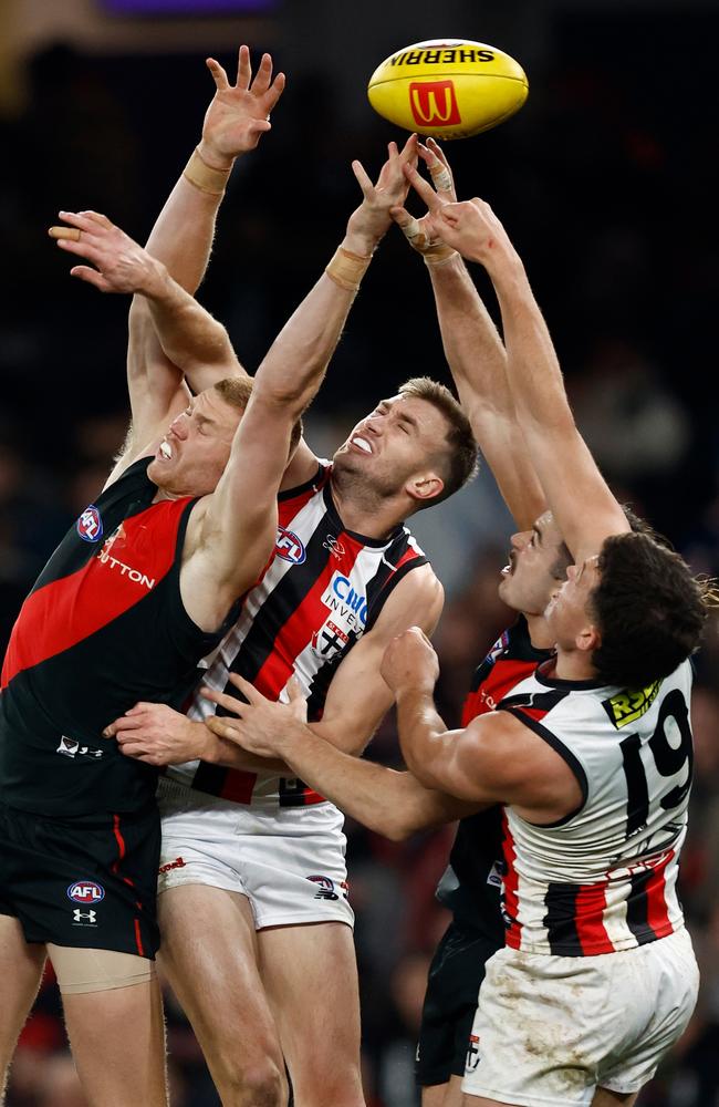 The big men go at it on Saturday afternoon. Picture: Michael Willson/AFL Photos