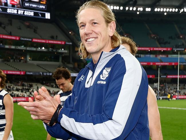 MELBOURNE, AUSTRALIA - MAY 03: Rhys Stanley of the Cats looks on after being subbed from the match with injury during the 2025 AFL Round 08 match between the Collingwood Magpies and the Geelong Cats at the Melbourne Cricket Ground on May 3, 2025 in Melbourne, Australia. (Photo by Michael Willson/AFL Photos via Getty Images)