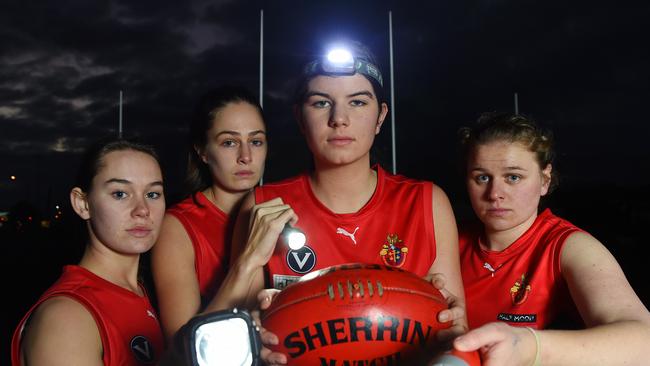 Old Brighton players (from left) Layne Davies, Morgan McGregor, Siena Visentini and Sophie Ambrose have been left in the dark three times this season. Picture: Josie Hayden