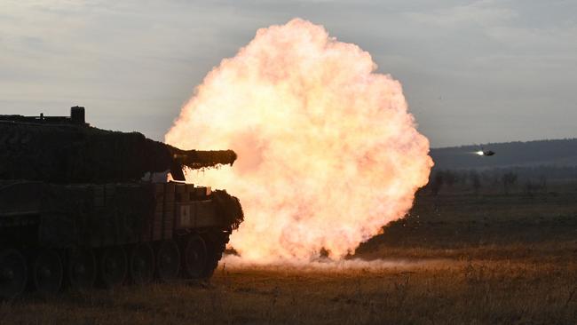 The Ukraine military fires a Leopard 2A4 tank during a field training at an undisclosed location in Ukraine. Picture: AFP