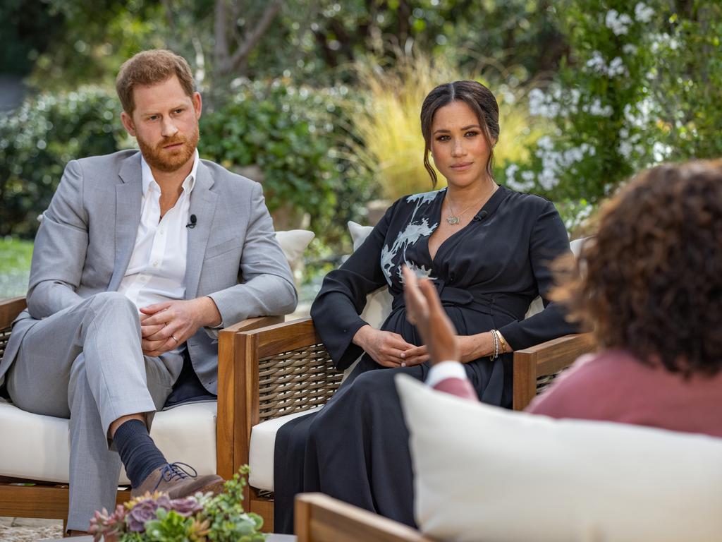 Oprah Winfrey interviews Prince Harry and Meghan Markle. Picture: Harpo Productions/Joe Pugliese via Getty Images