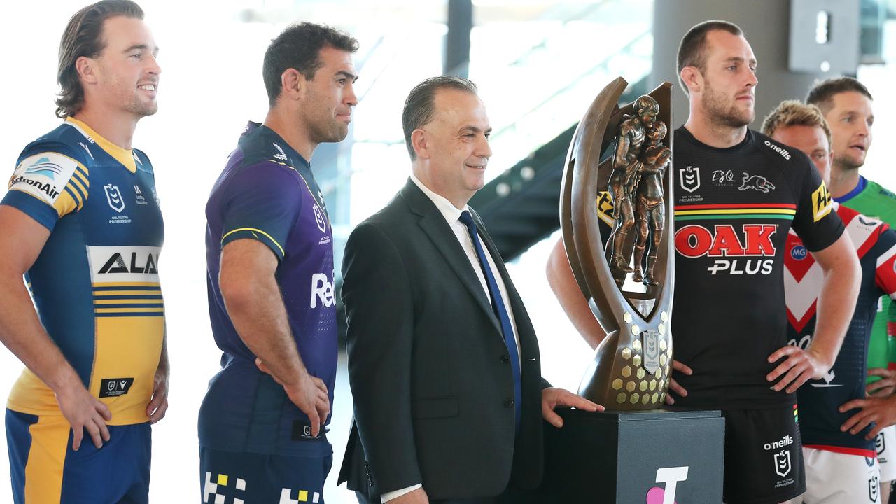 ARLC Chairman Peter V'landys poses with NRL captains during the 2021 NRL Premiership Season Launch (Photo by Cameron Spencer/Getty Images)